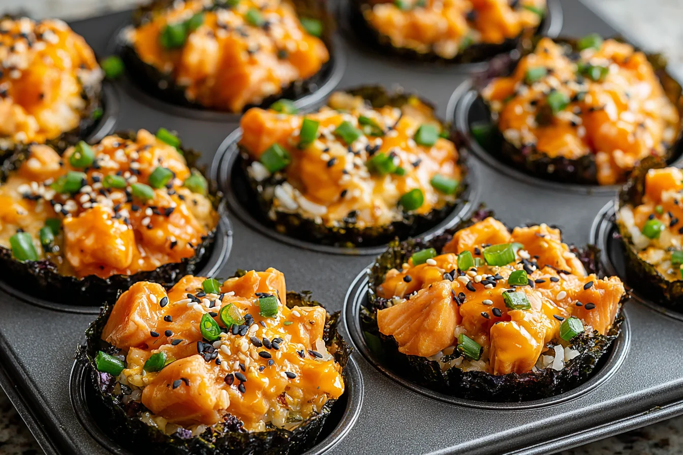 Easy Baked Salmon Sushi Cups baked in a muffin tin with crispy nori edges and flavorful salmon topping