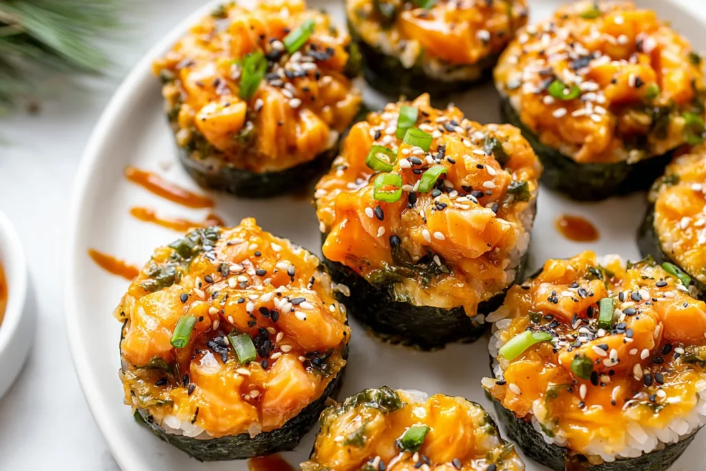 Easy Baked Salmon Sushi Cups topped with spicy mayo, sesame seeds, and green onions on a white plate