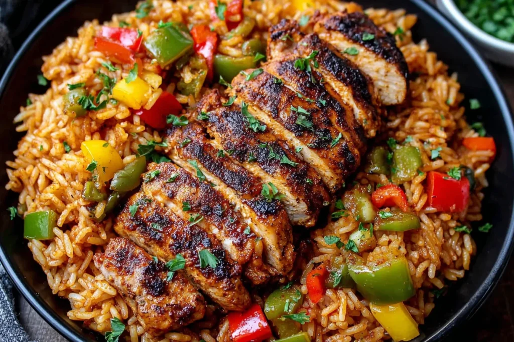 Easy Cajun Chicken and Rice Recipe with sliced grilled chicken over seasoned rice and bell peppers