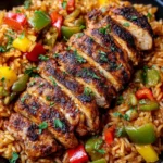 Easy Cajun Chicken and Rice Recipe with sliced grilled chicken over seasoned rice and bell peppers