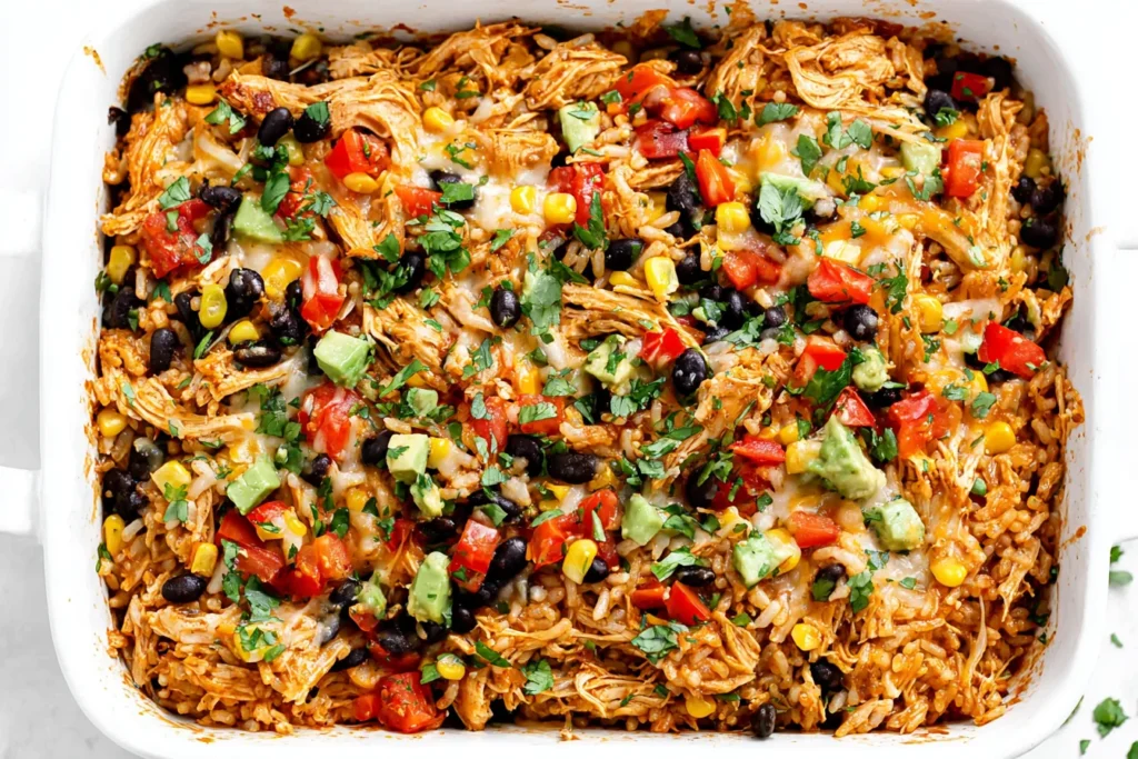 Easy Chicken Burrito Casserole Recipe with melted cheese, chicken, rice, and vegetables in baking dish