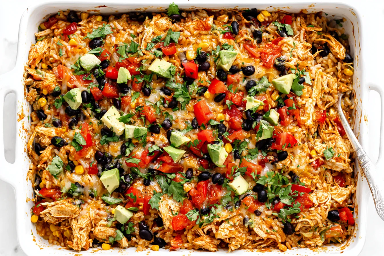 Easy Chicken Burrito Casserole Recipe baked in a dish with chicken, black beans, corn, and avocado