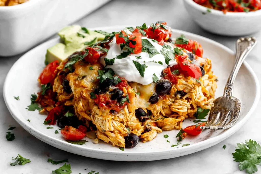 Easy Chicken Burrito Casserole Recipe served on a plate with sour cream and fresh herbs