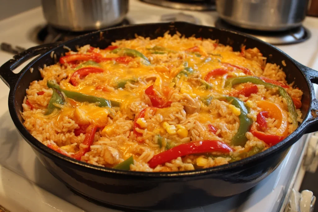 Easy Chicken Fajita Rice Casserole Recipe cooking in a skillet with vibrant peppers and melted cheese
