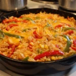 Easy Chicken Fajita Rice Casserole Recipe cooking in a skillet with vibrant peppers and melted cheese