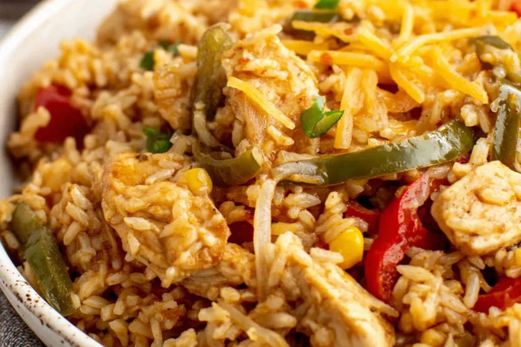 Easy Chicken Fajita Rice Casserole Recipe served in a bowl with peppers, chicken, and melted cheese