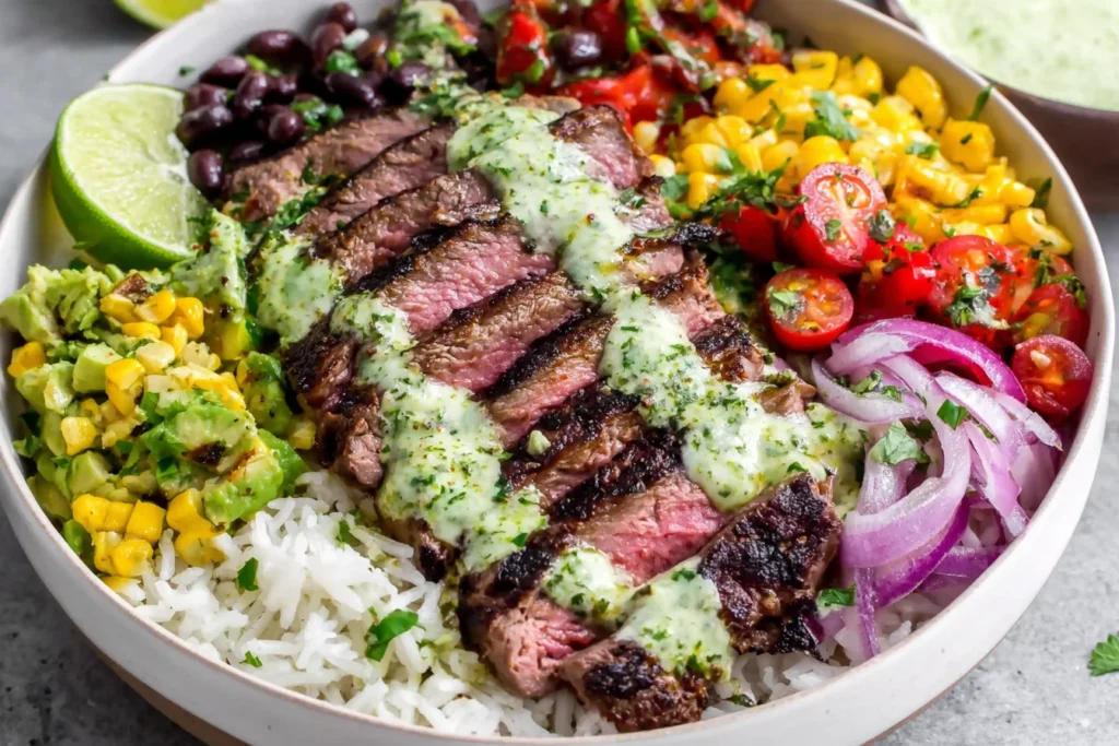 Easy cilantro lime steak bowls with sliced steak, rice, beans, corn, and creamy dressing