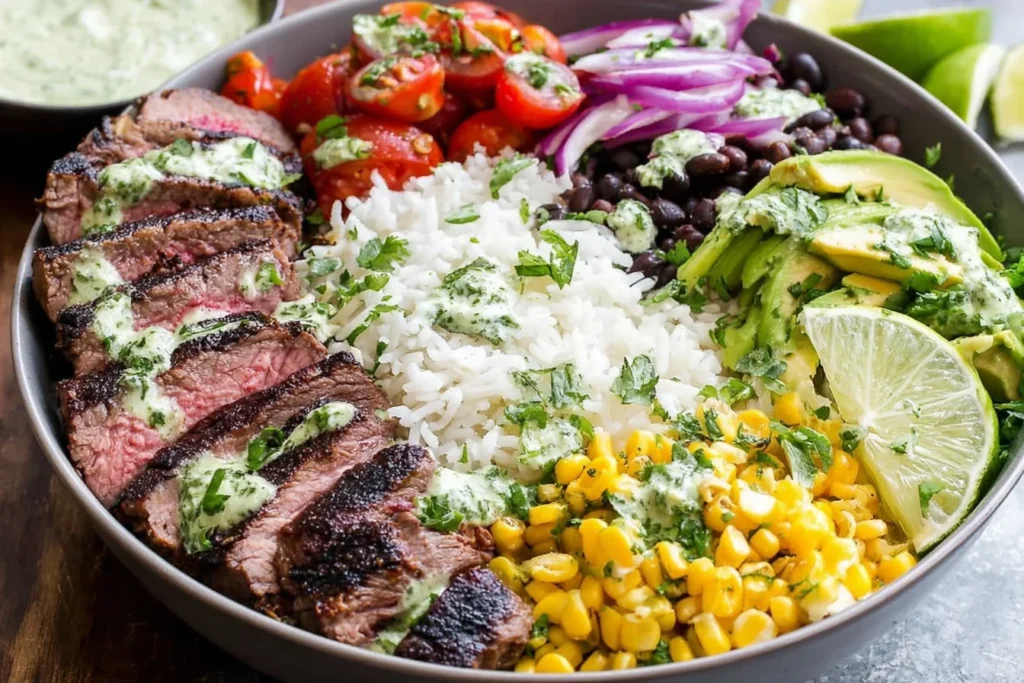 Easy cilantro lime steak bowls with grilled steak, rice, avocado, and lime wedges