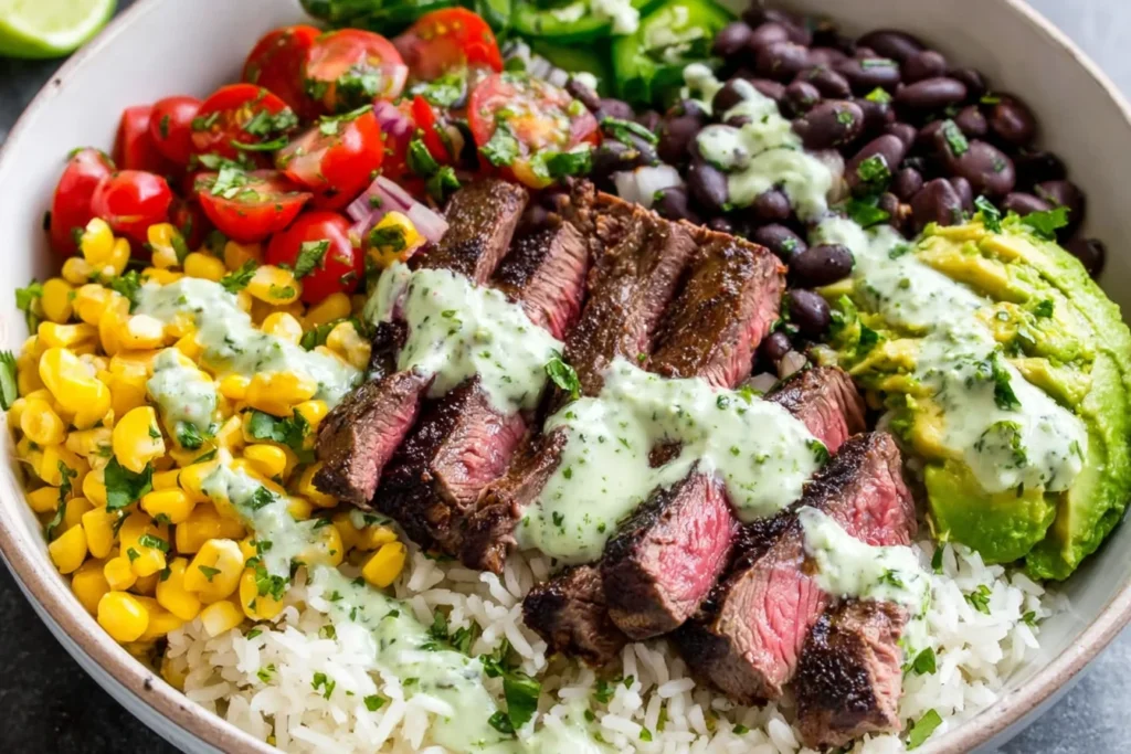Easy cilantro lime steak bowls with rice, avocado, corn, and creamy sauce