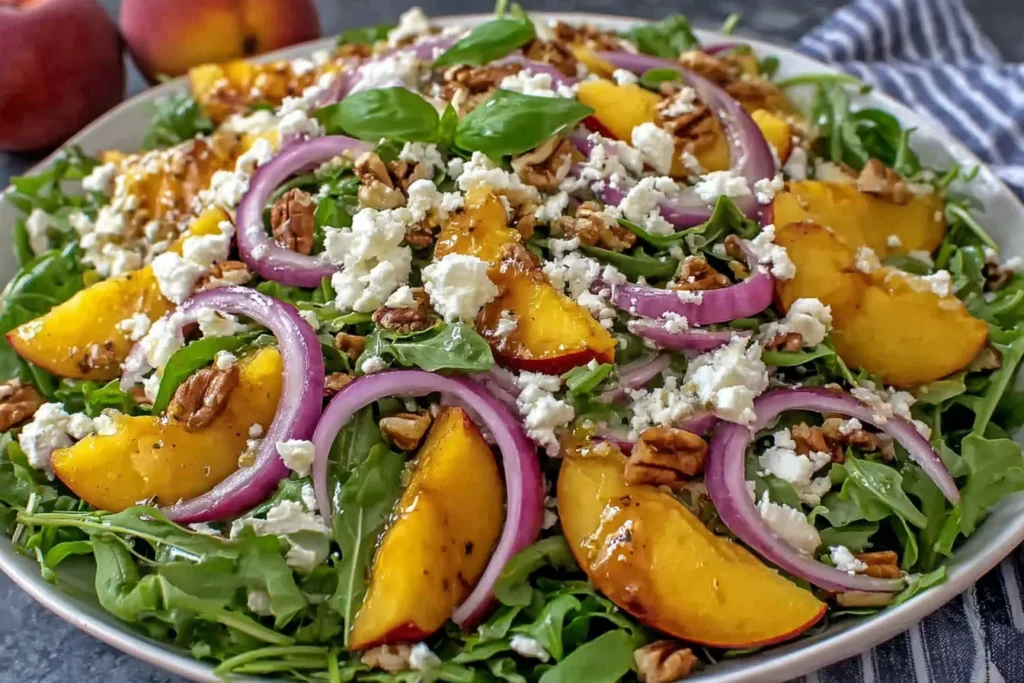 Easy Peach Arugula Salad served with basil, red onion, feta, and glazed pecans