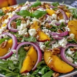 Easy Peach Arugula Salad served with basil, red onion, feta, and glazed pecans