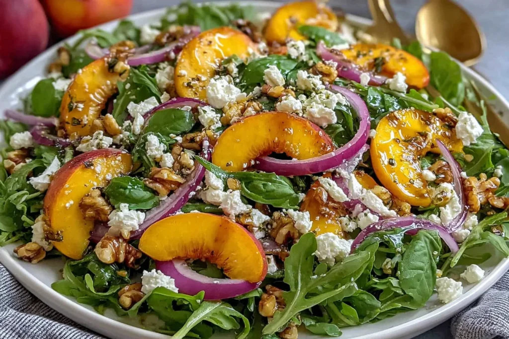 Easy Peach Arugula Salad with fresh peaches, goat cheese, red onion, and pecans