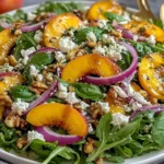 Easy Peach Arugula Salad with fresh peaches, goat cheese, red onion, and pecans