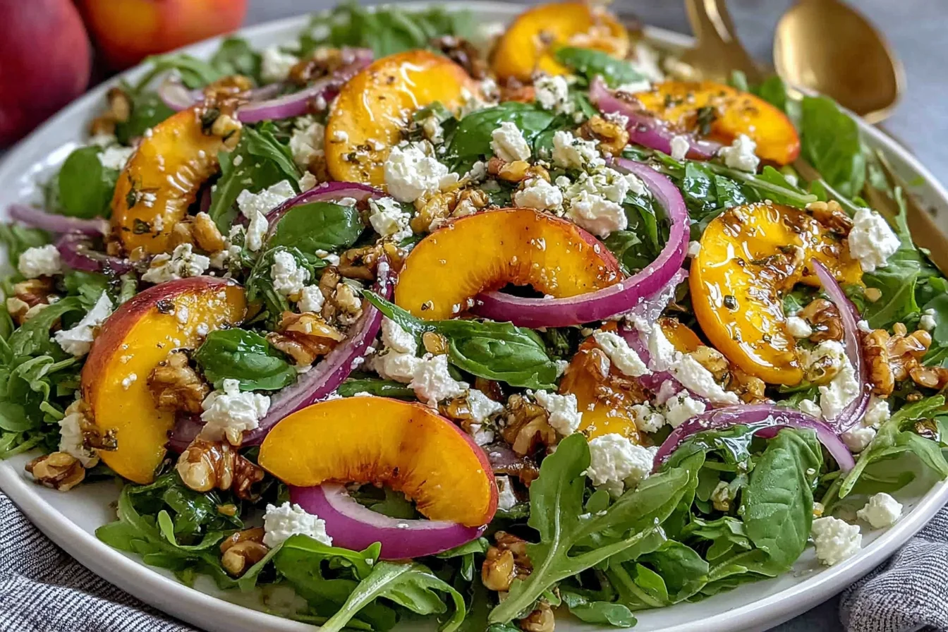 Easy Peach Arugula Salad with fresh peaches, goat cheese, red onion, and pecans