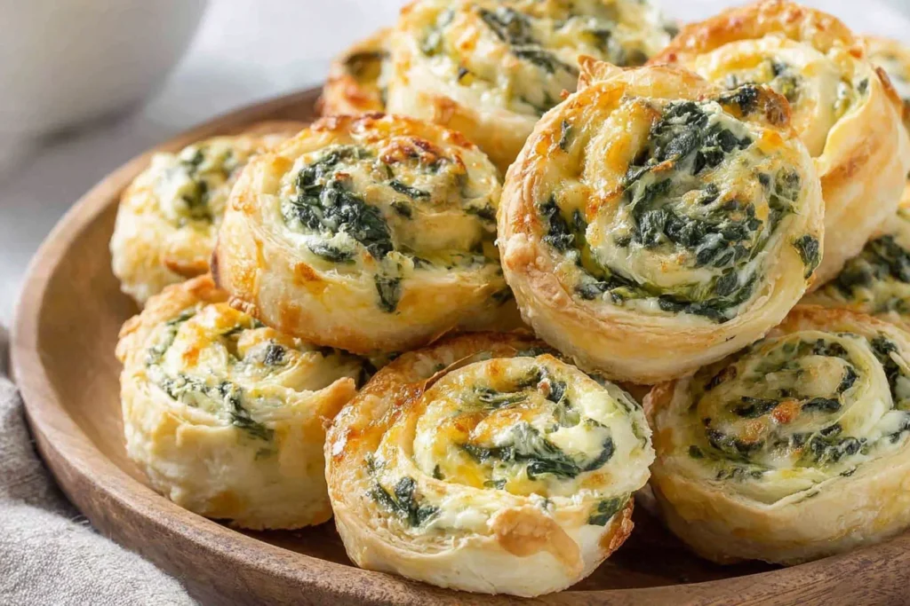 Easy Spinach Dip in Bite-Sized Pinwheels served warm on a plate