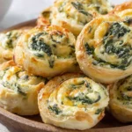 Easy Spinach Dip in Bite-Sized Pinwheels served warm on a plate