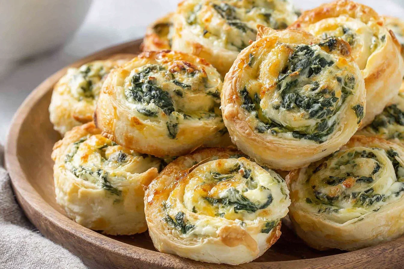 Easy Spinach Dip in Bite-Sized Pinwheels served warm on a plate