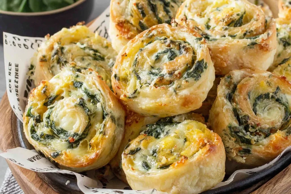 Easy Spinach Dip in Bite-Sized Pinwheels baked golden with creamy spinach filling