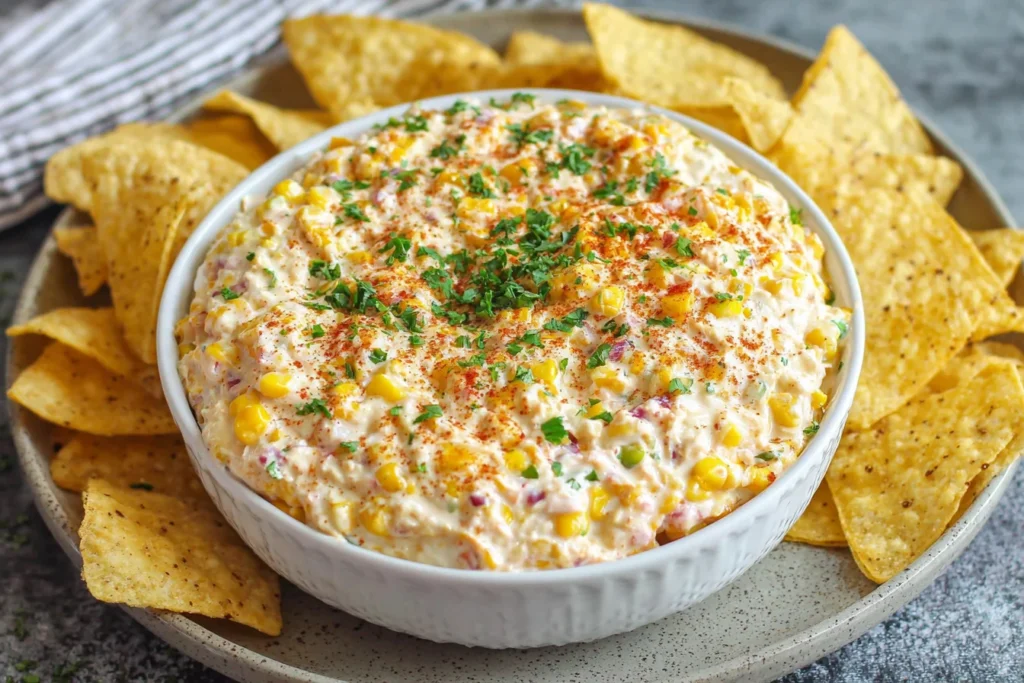 Easy Traditional Corn Dip Recipe served with tortilla chips in a bowl