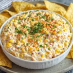 Easy Traditional Corn Dip Recipe served with tortilla chips in a bowl