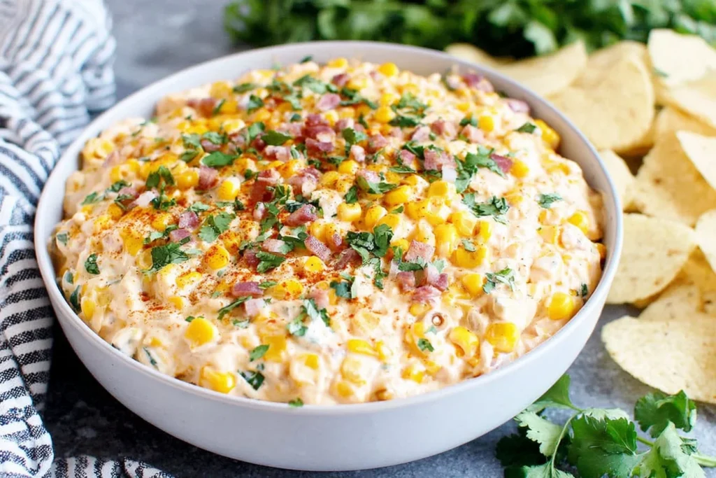 Easy Traditional Corn Dip Recipe creamy cheesy corn dip with bacon and cilantro