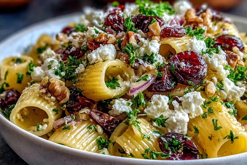 Feta & Cranberry Rigatoni Salad with walnuts, parsley, and crumbled feta cheese