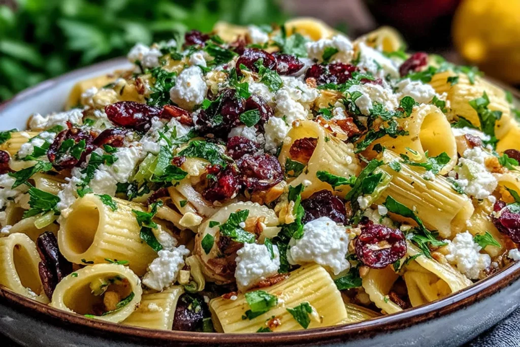Feta & Cranberry Rigatoni Salad with parsley, cranberries, and lemon dressing in a serving bowl
