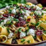 Feta & Cranberry Rigatoni Salad with parsley, cranberries, and lemon dressing in a serving bowl