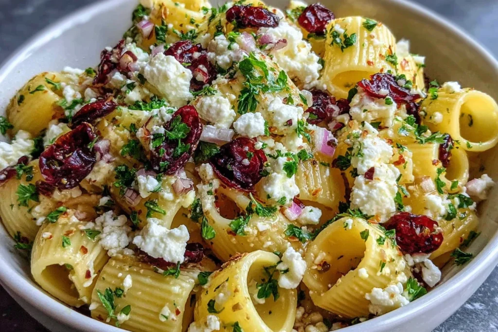 Feta & Cranberry Rigatoni Salad with lemon vinaigrette, feta crumbles, and dried cranberries