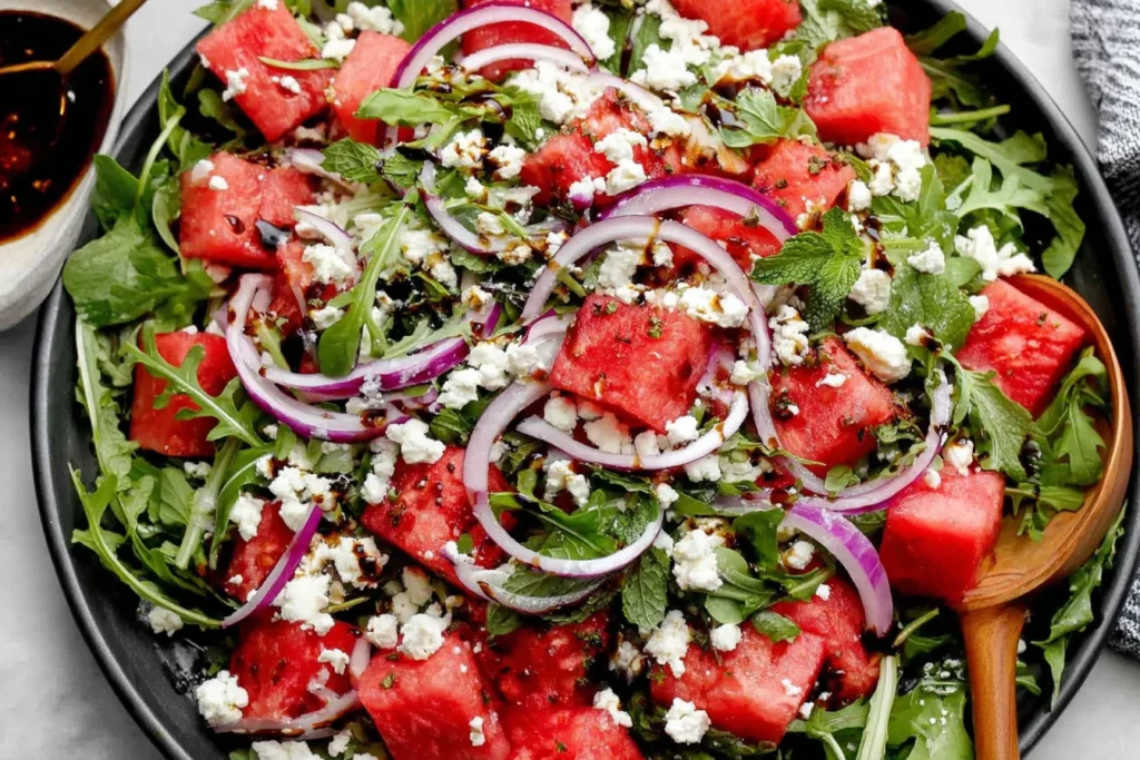 Colorful feta watermelon salad with balsamic glaze and fresh herbs