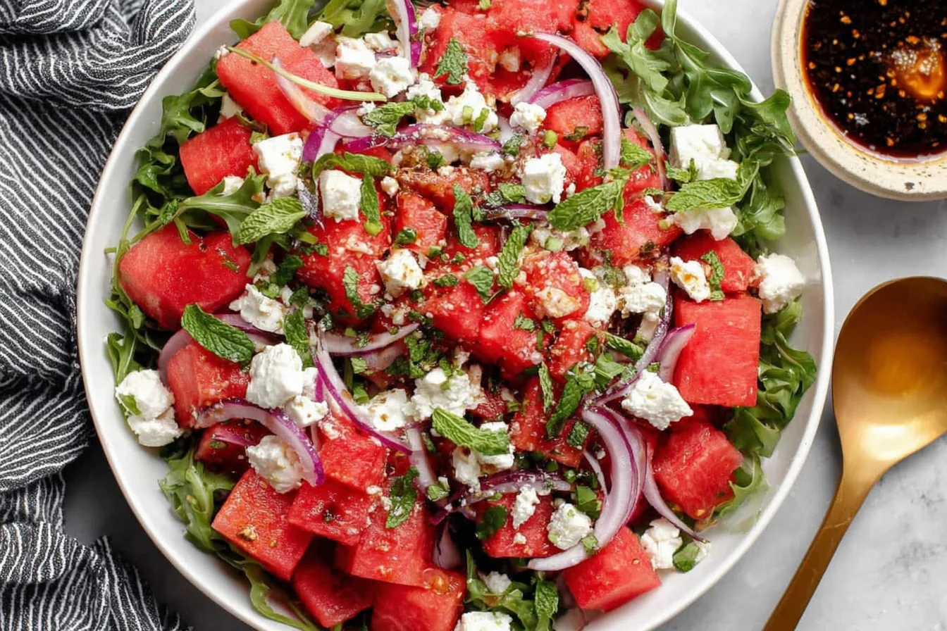 Fresh feta watermelon salad with arugula, red onion, and mint