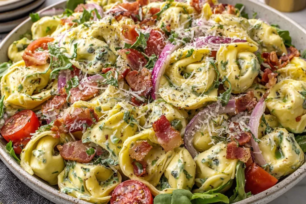 Fresh Grinder Tortellini Salad with bacon, tomatoes, and creamy dressing