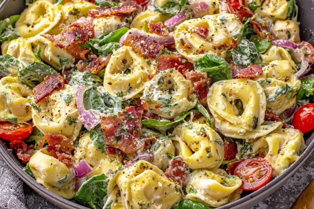 Fresh Grinder Tortellini Salad mixed with herbs, bacon, and pepperoncini