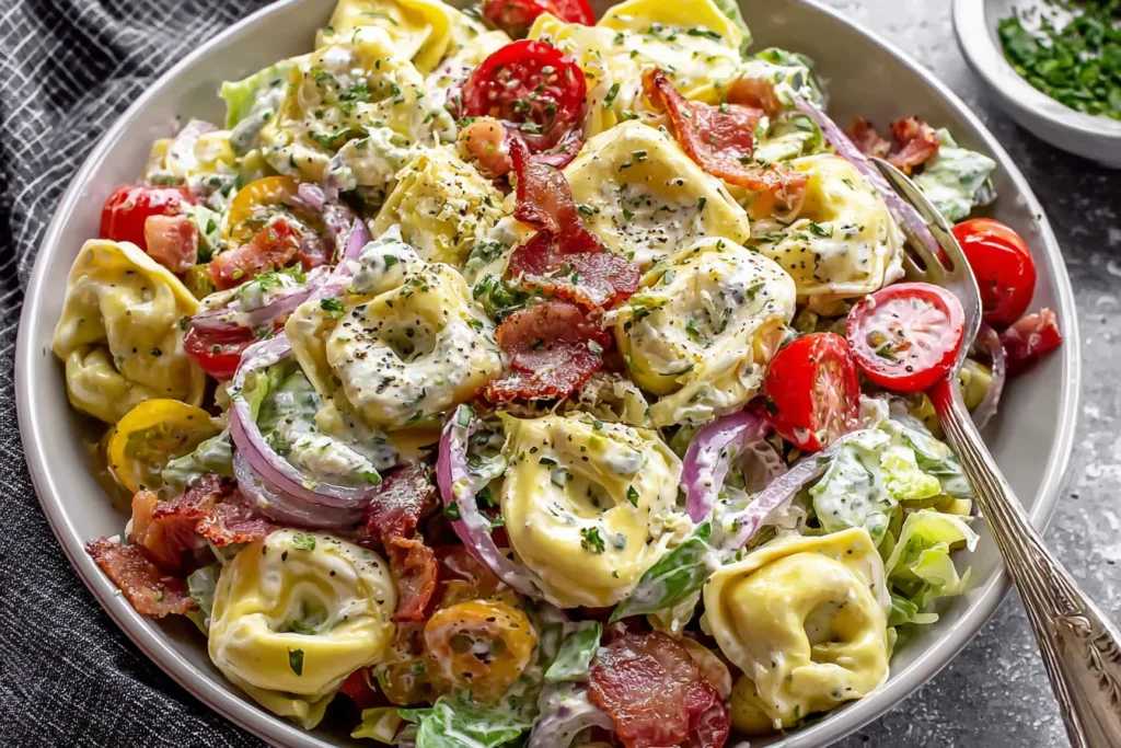 Fresh Grinder Tortellini Salad served in a bowl with tomatoes and red onion