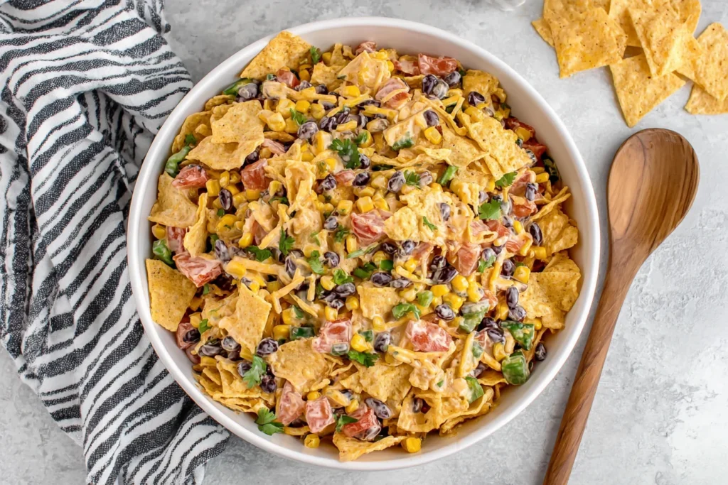Fresh Frito Corn Salad with vegetables, cheese, and crispy corn chips ready to serve