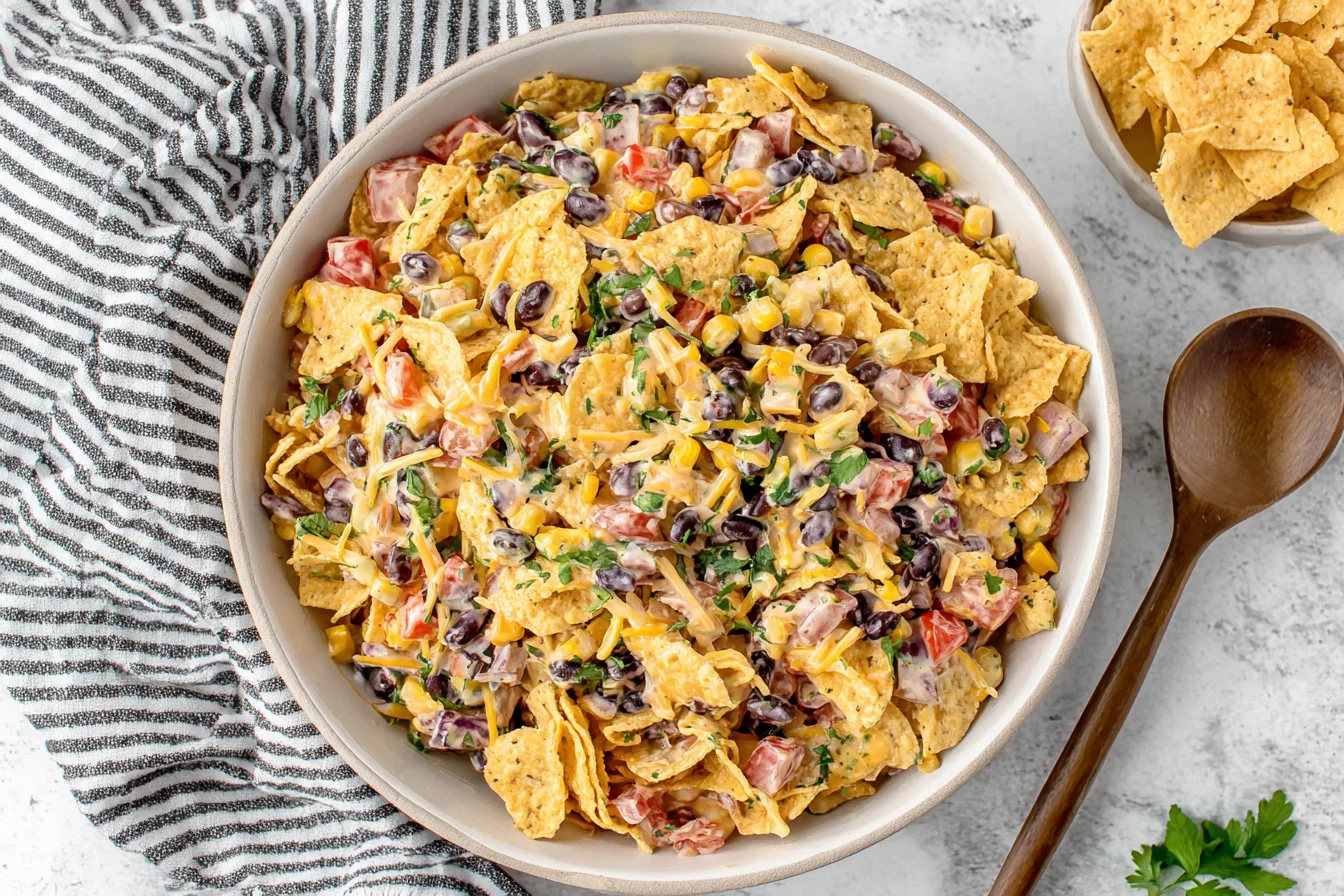 Frito Corn Salad with corn, black beans, cheese, and crunchy chips in a creamy dressing