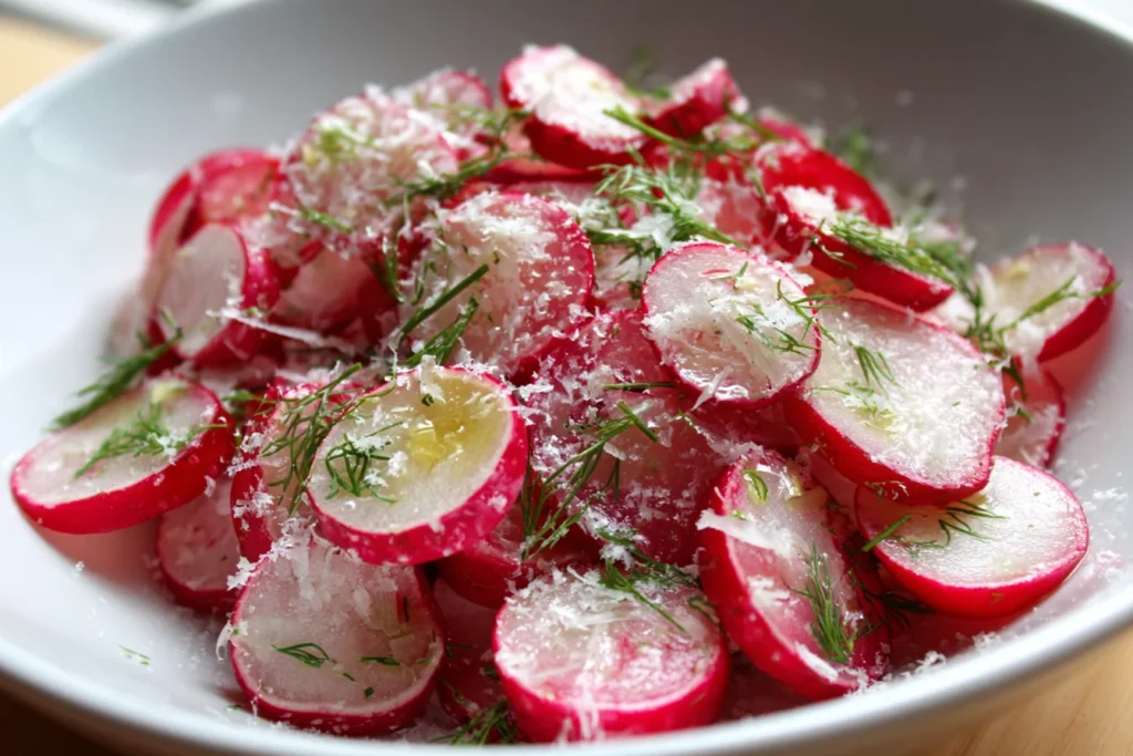 Gordon Ramsay Radish Salad Recipe topped with grated cheese, fresh dill, and thinly sliced radishes