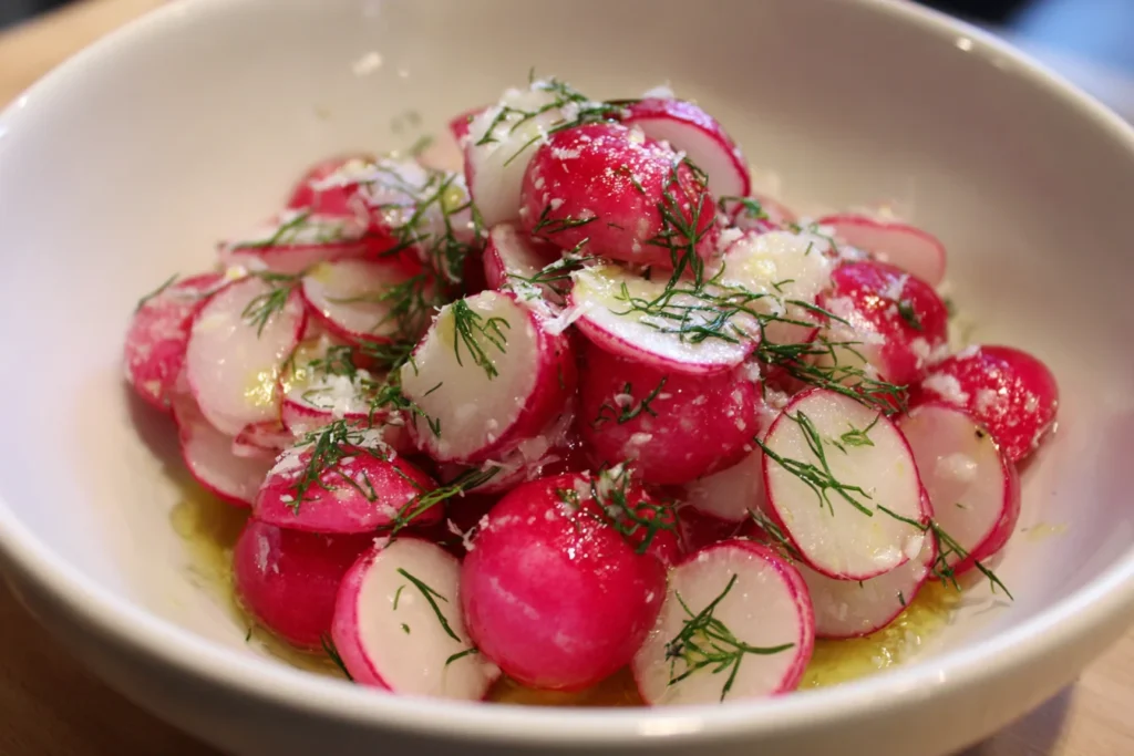 Gordon Ramsay Radish Salad Recipe with fresh sliced radishes, dill, and olive oil in a white bowl
