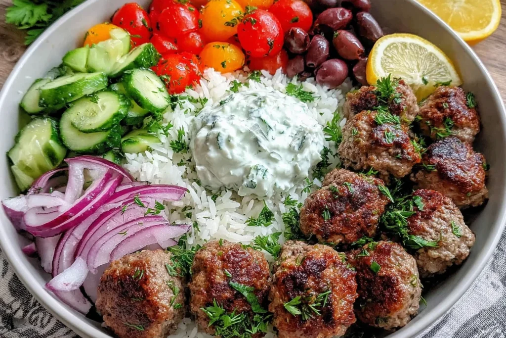 Greek Meatball Bowl with fluffy rice, cucumbers, tomatoes, red onion, olives, and tzatziki sauce