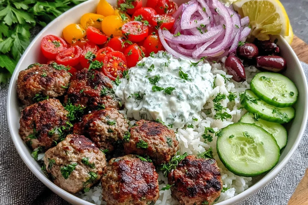 Greek Meatball Bowl with rice, tzatziki, cherry tomatoes, cucumbers, and olives