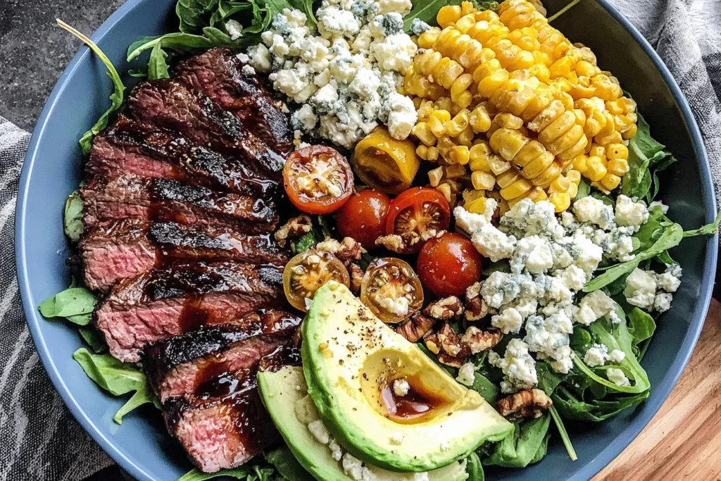 Grilled Balsamic Steak Salad with sliced steak, avocado, tomatoes, and balsamic glaze