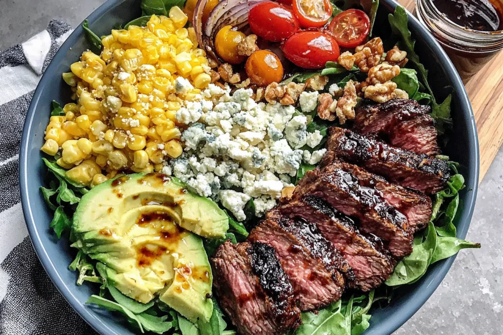 Grilled Balsamic Steak Salad with avocado, corn, gorgonzola, and cherry tomatoes in a bowl