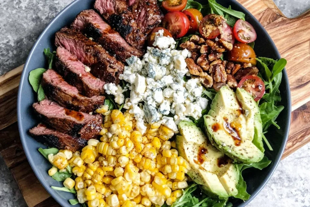 Grilled Balsamic Steak Salad topped with sliced steak, roasted corn, walnuts, and blue cheese