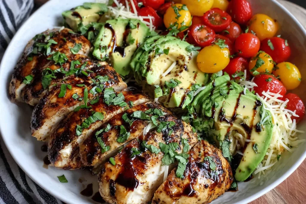 Grilled California Avocado Chicken served in a bowl with avocado, tomatoes, and shredded cheese