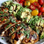 Grilled California Avocado Chicken served in a bowl with avocado, tomatoes, and shredded cheese