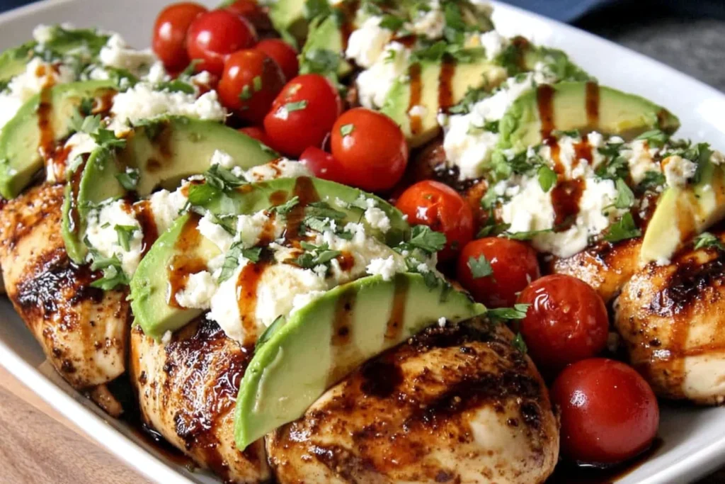 Grilled California Avocado Chicken with fresh avocado, cherry tomatoes, and crumbled cheese