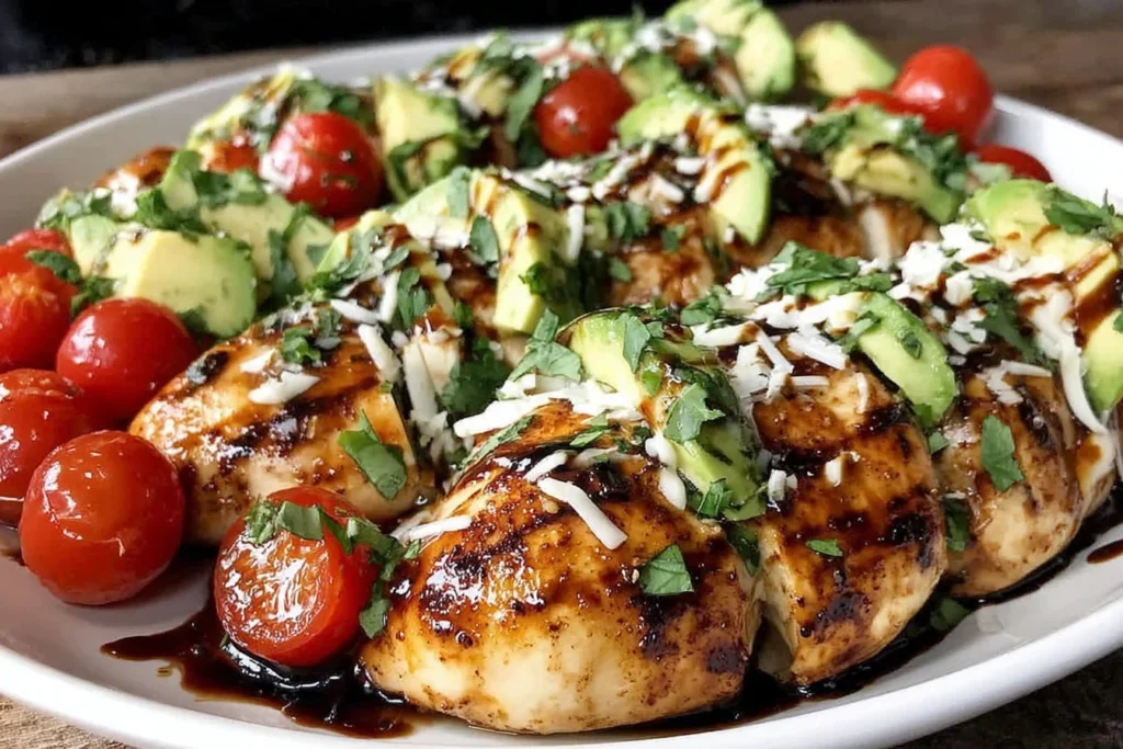 Grilled California Avocado Chicken with cherry tomatoes, avocado slices, and melted cheese on a platter