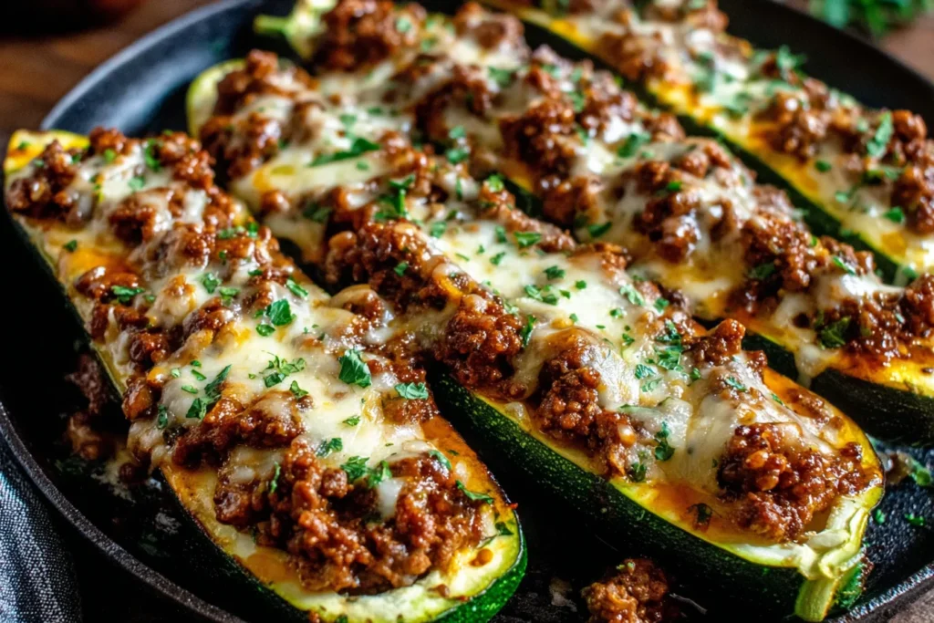 Ground Beef Zucchini Boats Recipe baked to perfection with juicy beef and golden cheese