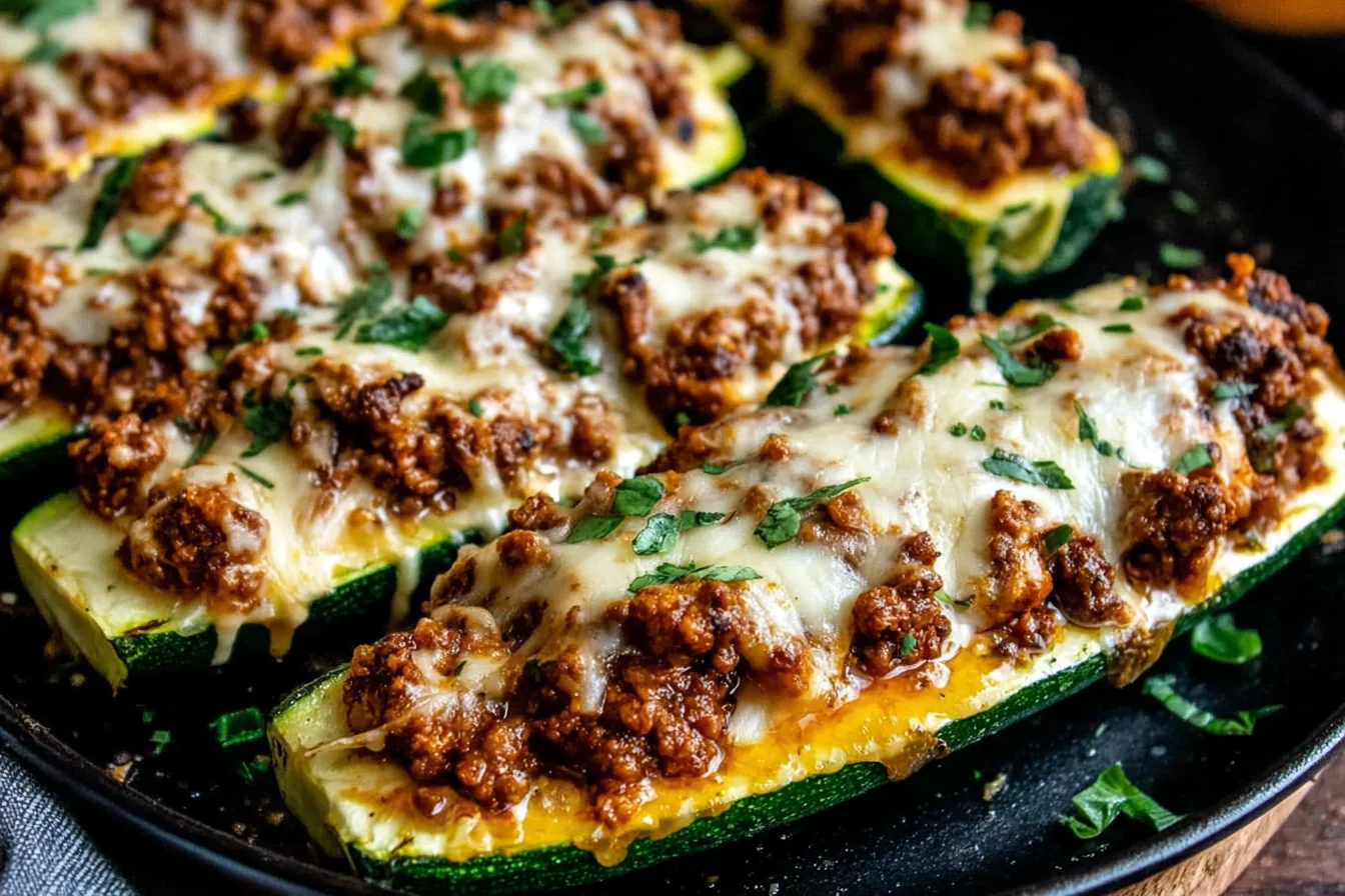 Ground Beef Zucchini Boats Recipe topped with melted cheese and fresh herbs