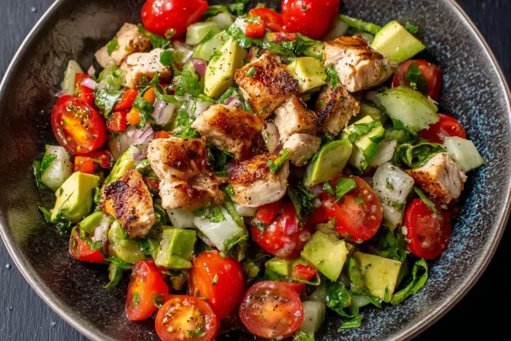 Healthy Avocado Chicken Salad with diced chicken, avocado, cucumbers, and tomatoes